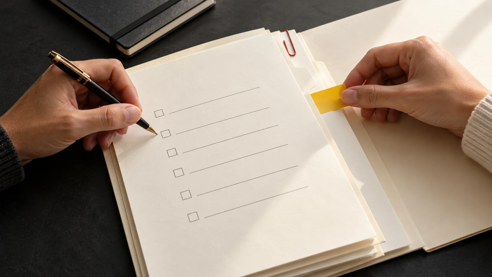 Two people review a paper checklist, using a pen and a yellow tab to mark the next action.
